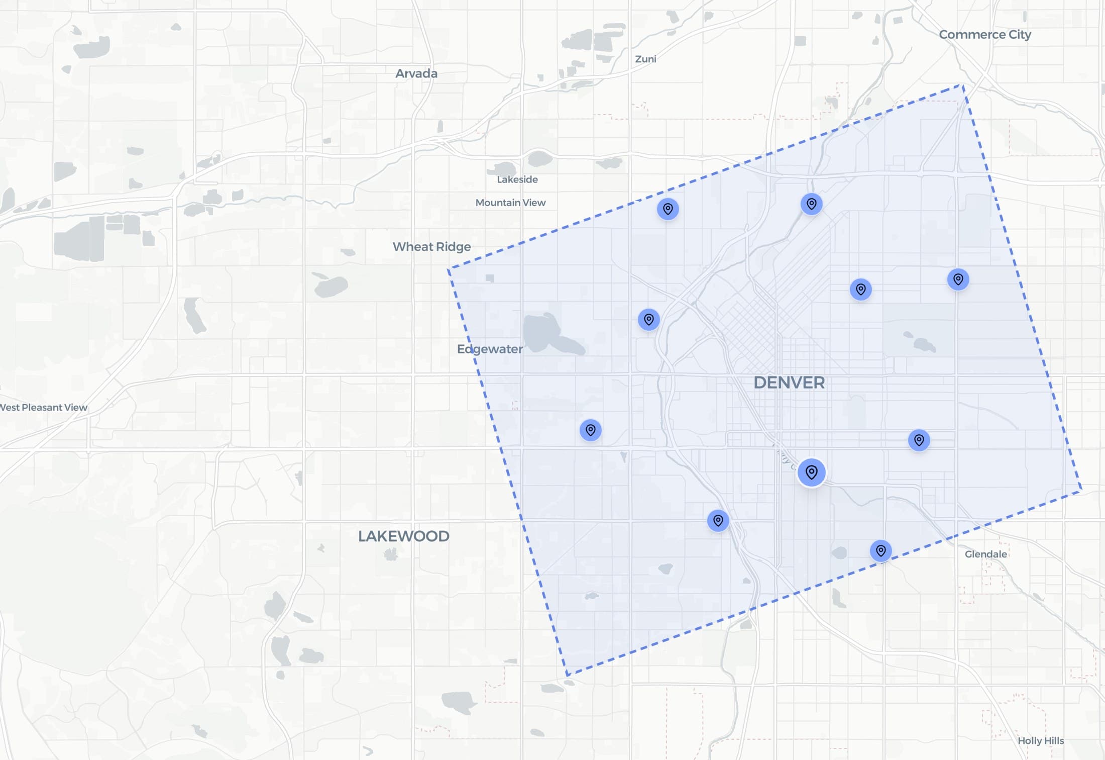 Search area over Denver, CO with the businesses found