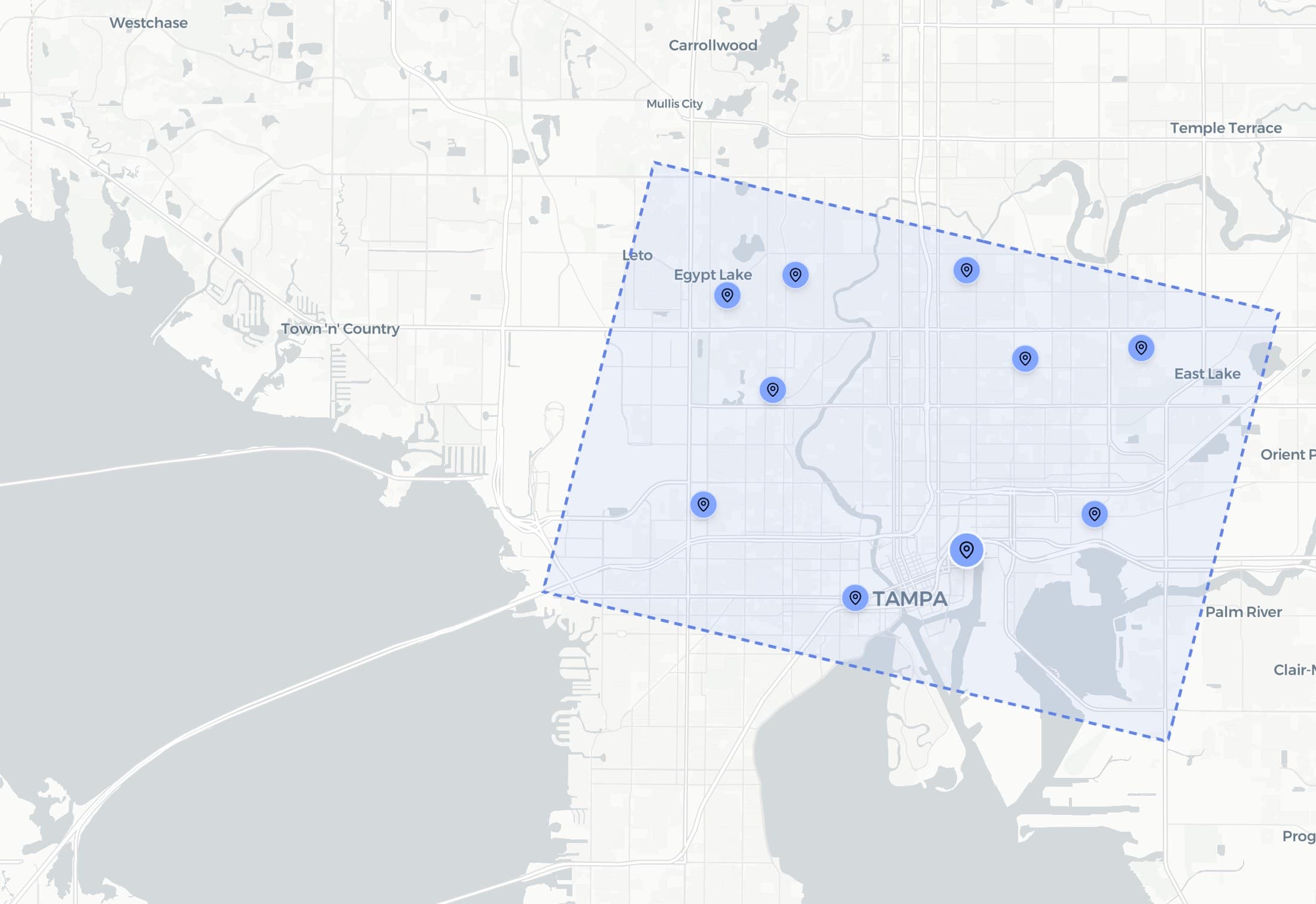 Search area over Tampa, FL with the businesses found