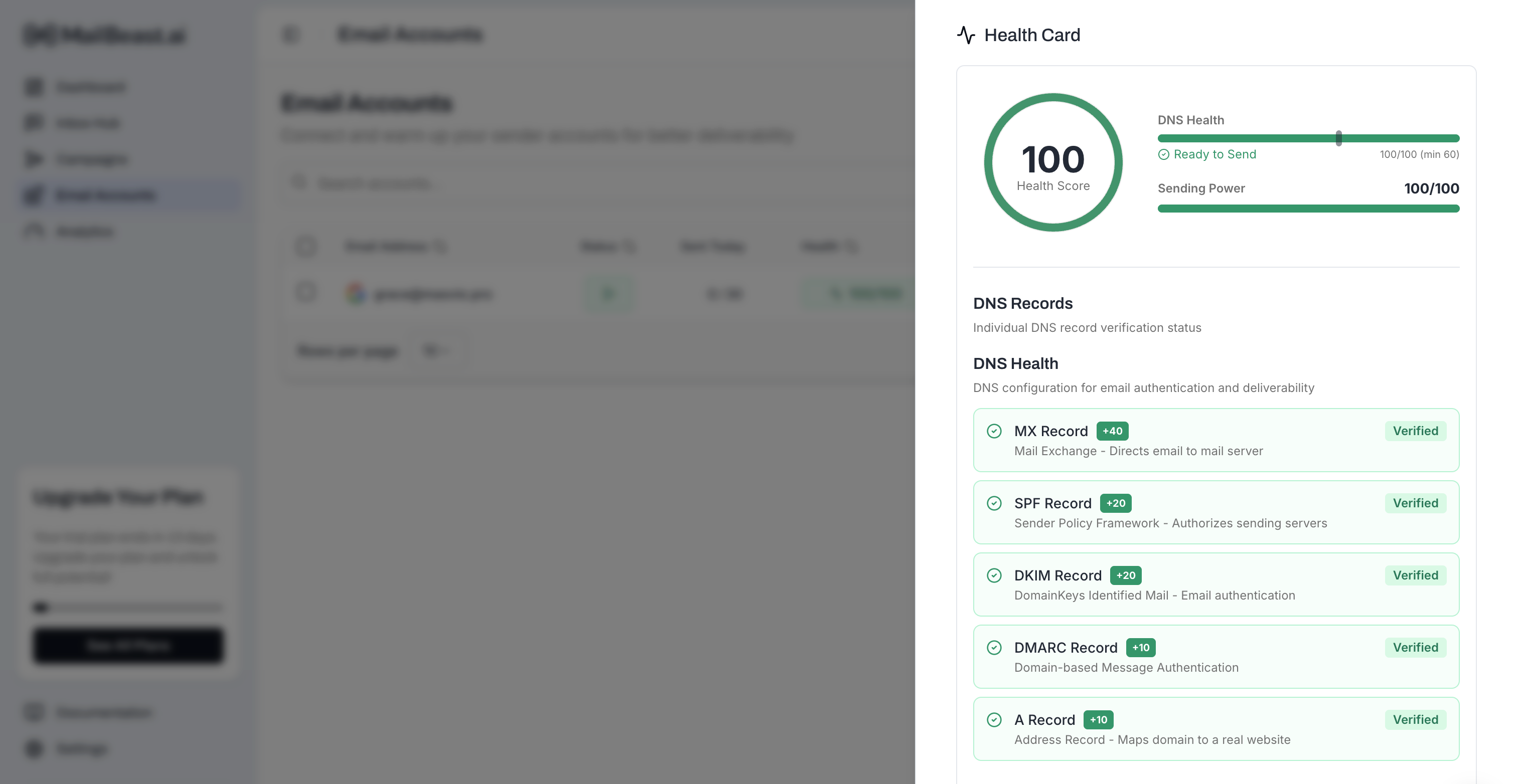 Health Card showing DNS records and Health Score
