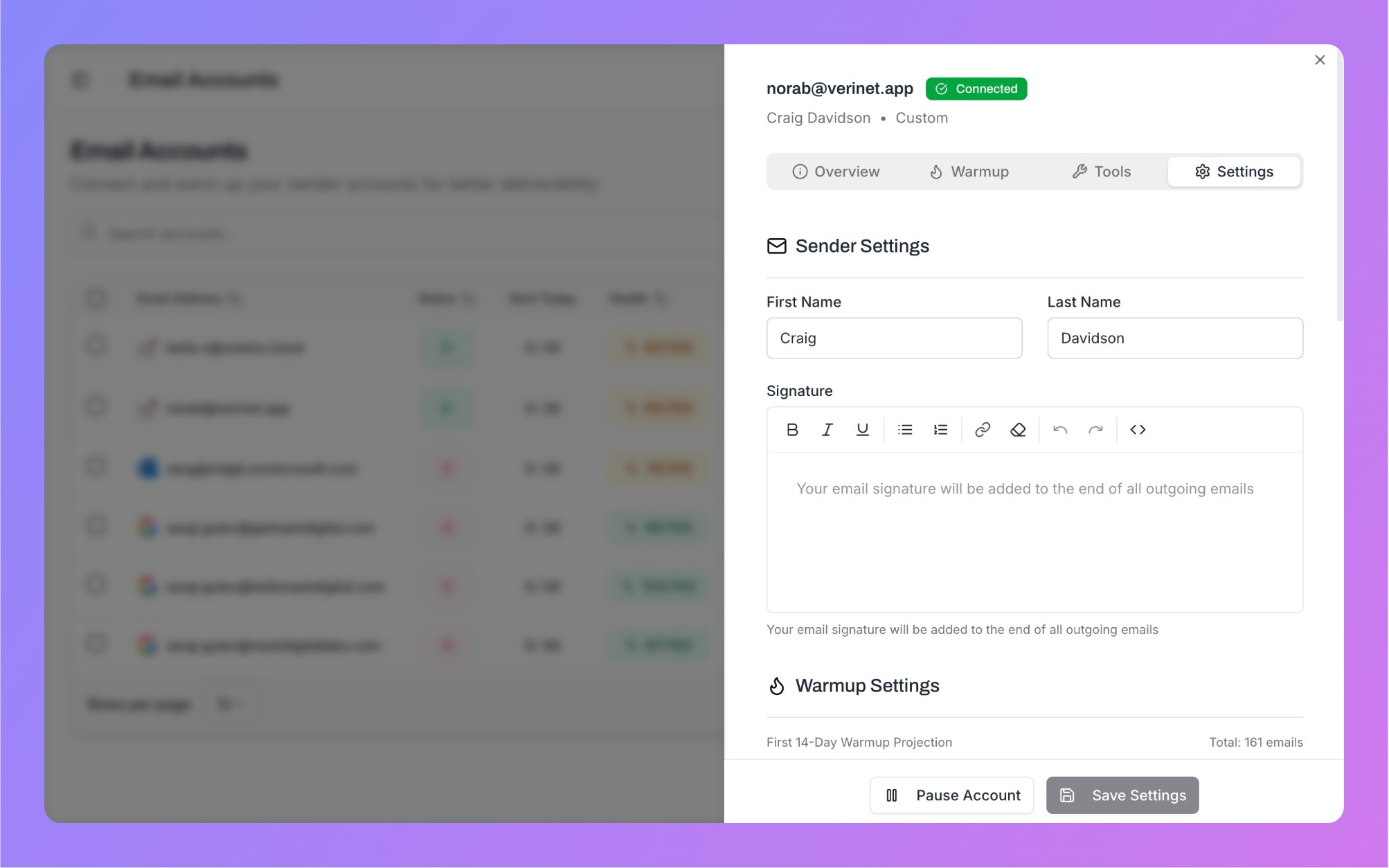 Account detail sheet - Settings tab