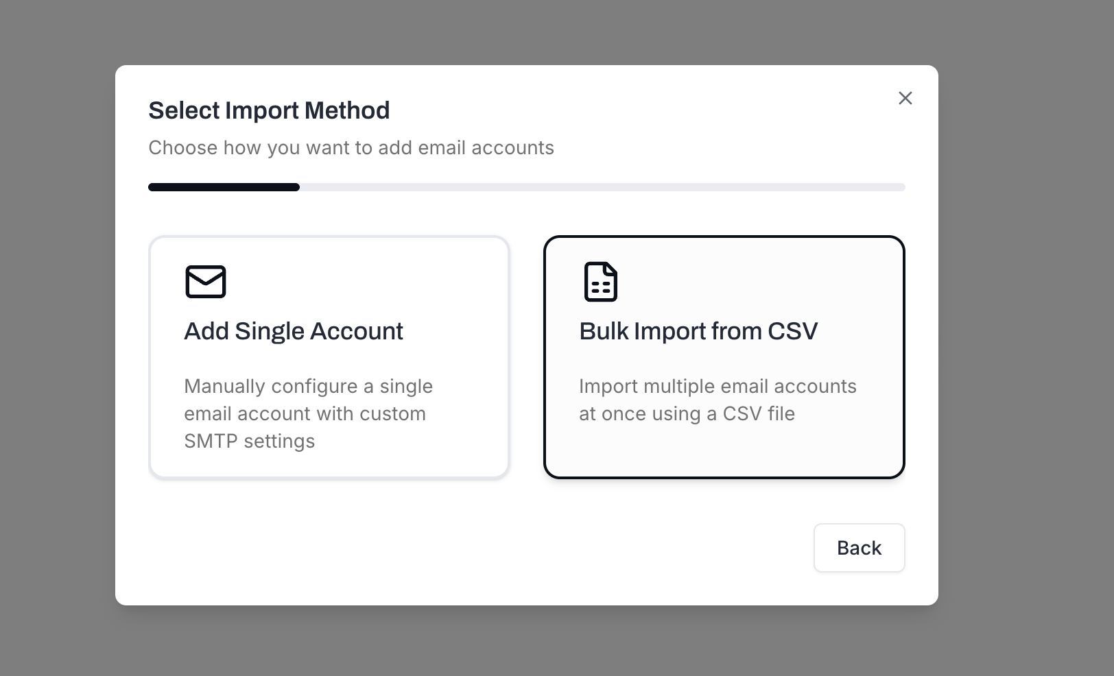 Select Import Method - Bulk Import from CSV