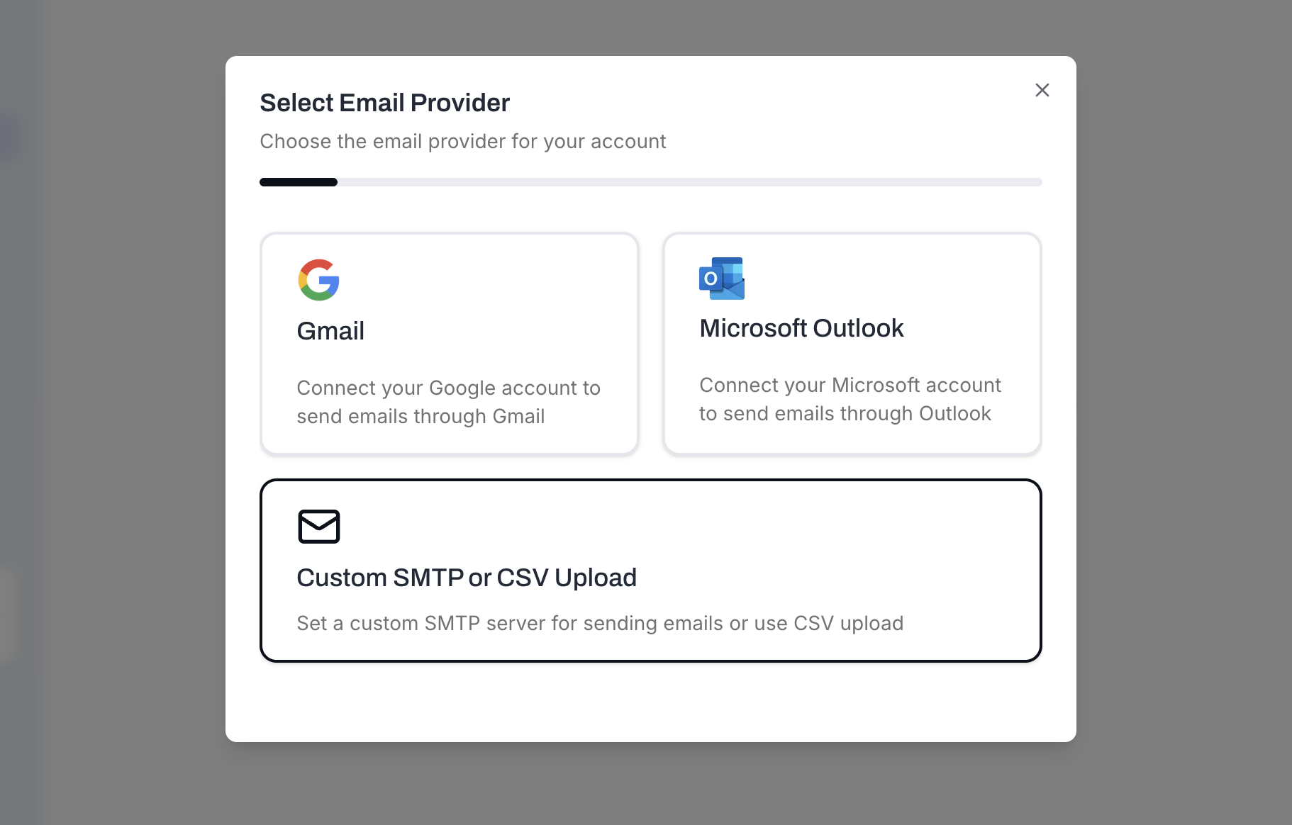 Select Email Provider - Custom SMTP or CSV Upload