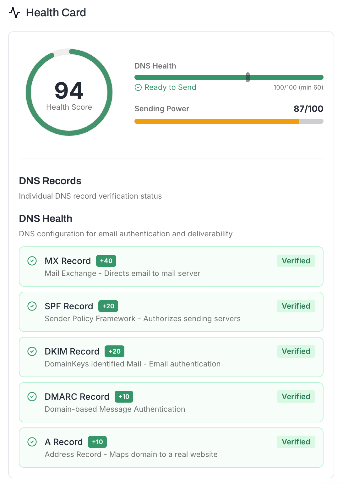 Account DNS section with all 5 records verified - MX, SPF, DKIM, DMARC, A Record