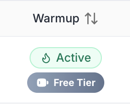Warmup column in the Email Accounts table showing the Active badge with green flame