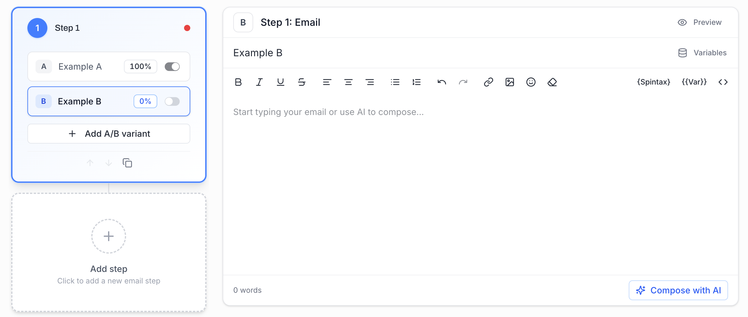 Step 1 in the Sequence Editor with Variant A on (100% traffic, toggle on) and Variant B disabled (0% traffic, toggle off). The right panel shows the disabled Variant B's email content