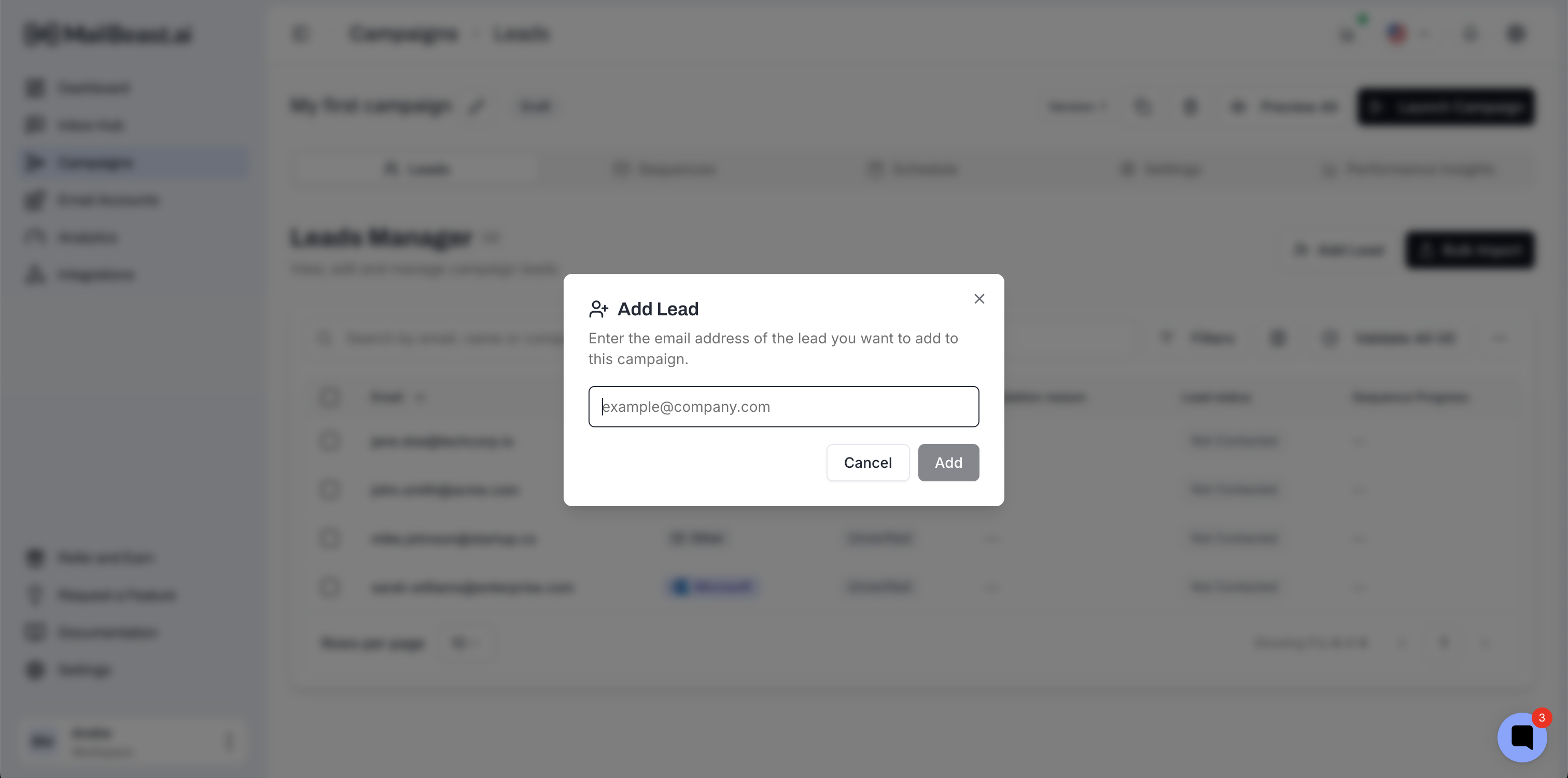 Add Lead dialog with a single email field on the campaign Leads tab