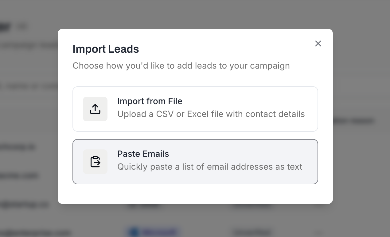 Import Leads dialog with two options: Import from File and Paste Emails, with Paste Emails highlighted