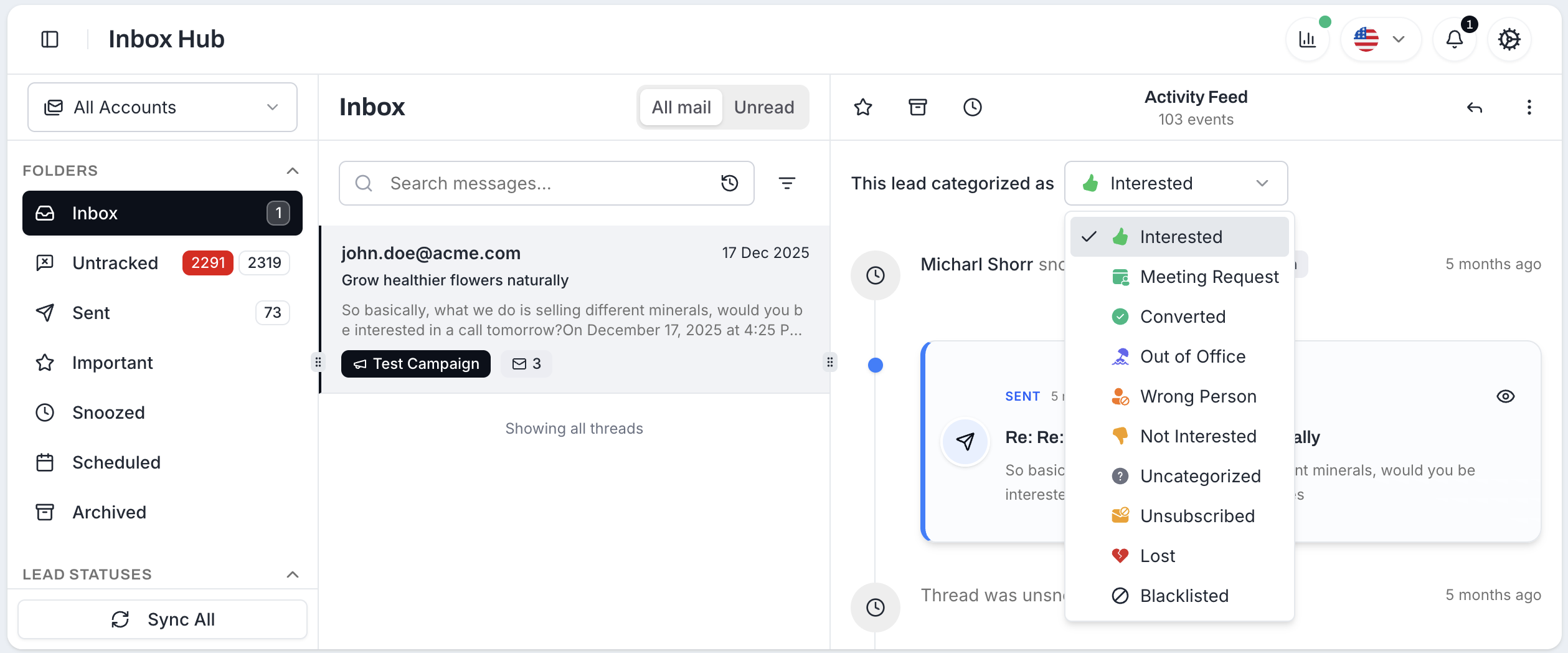 InboxHub thread with the status dropdown open at the top right and Converted highlighted in the list of options