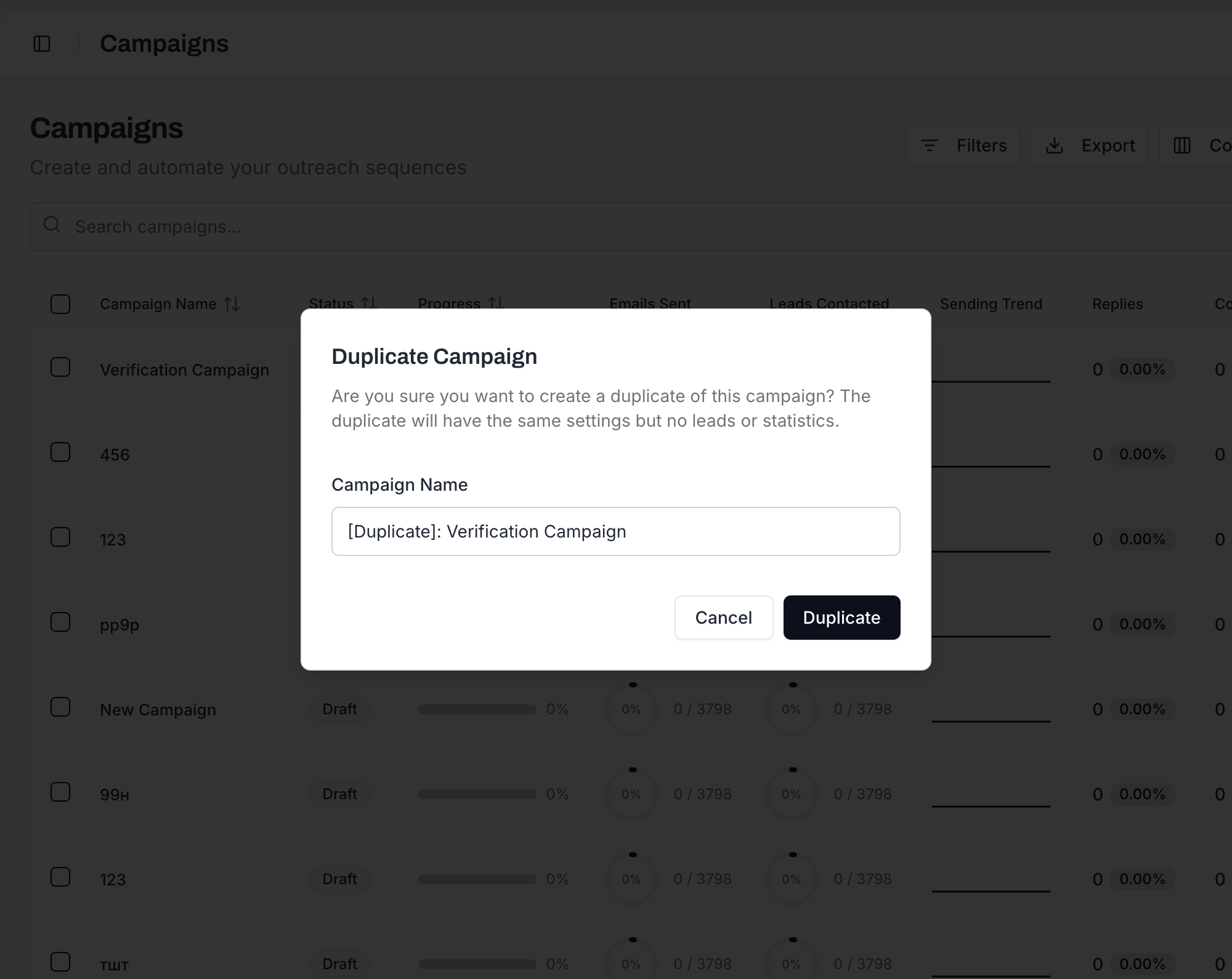 Duplicate Campaign confirmation dialog with a Campaign Name input pre-filled with a "Duplicate: original campaign name" placeholder, plus Cancel and Duplicate buttons