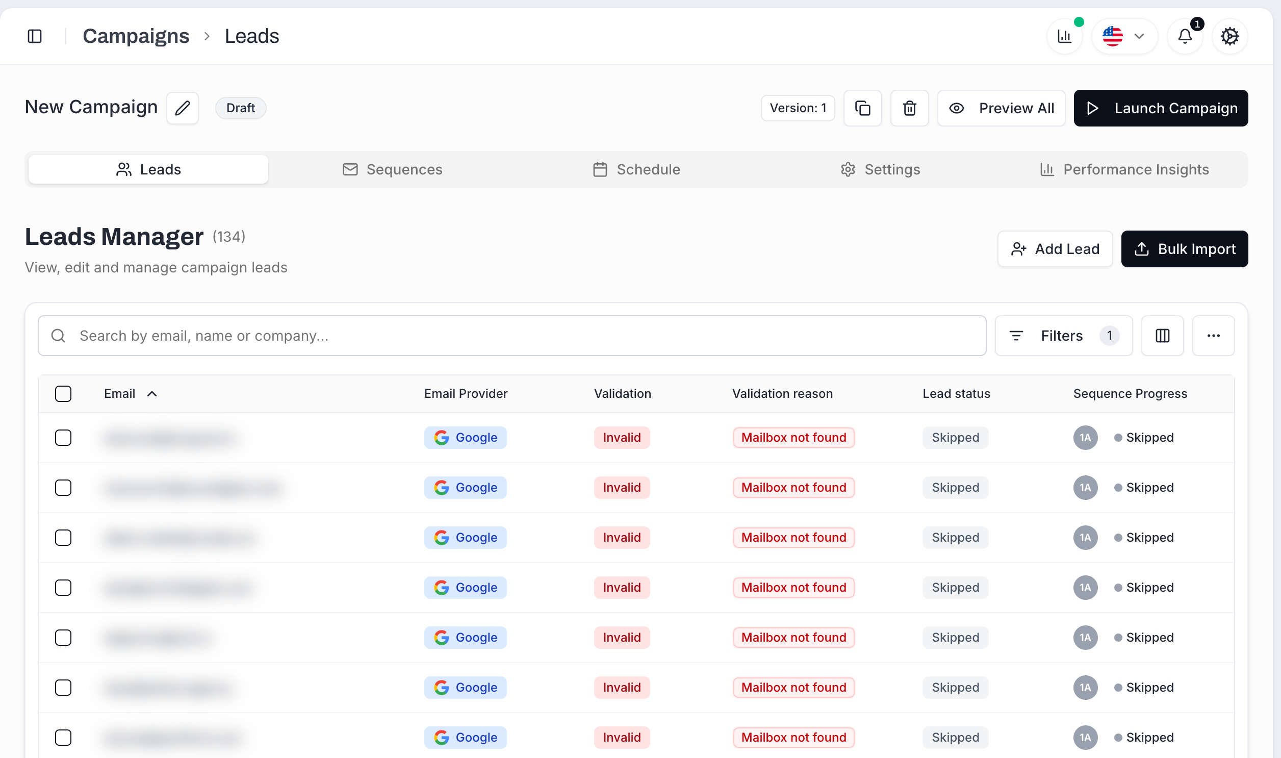 Leads tab filtered by Validation: Invalid - rows show red Invalid badges, "Mailbox not found" reasons, and Lead status flipped to Skipped