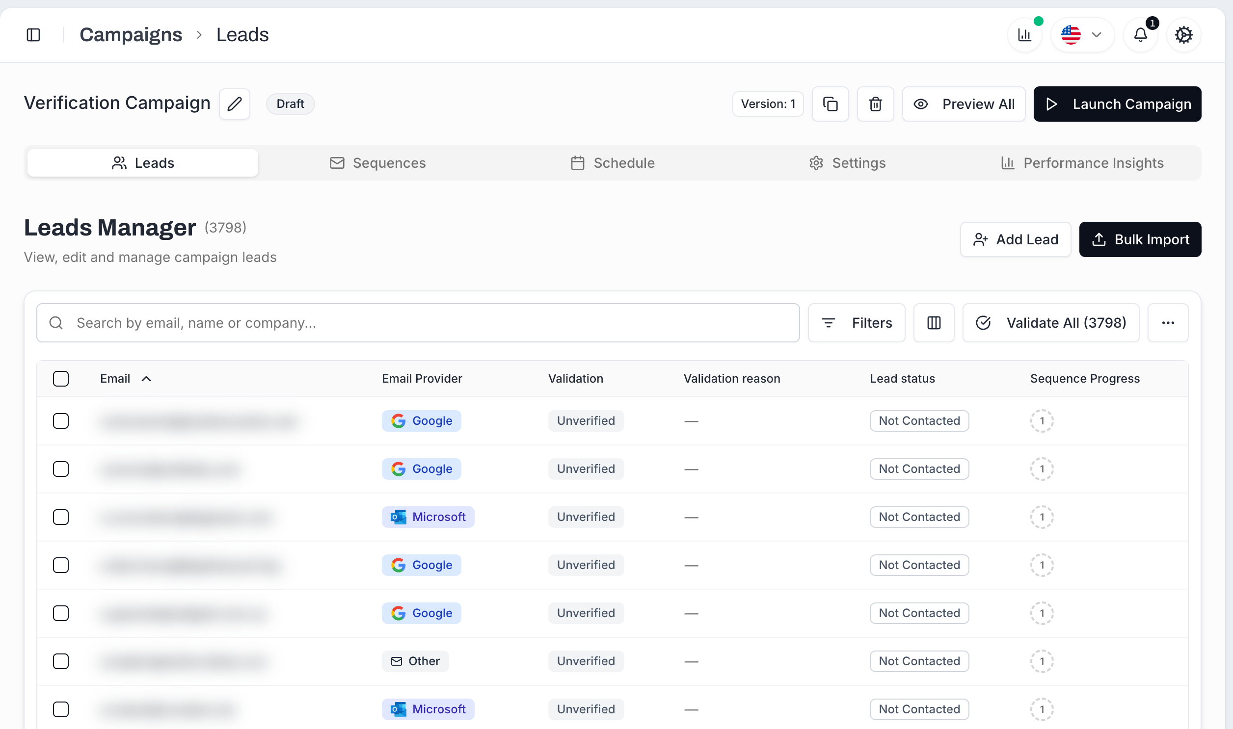 Leads tab before validation: every row shows the Unverified badge in the Validation column and the Validate All button is visible in the toolbar