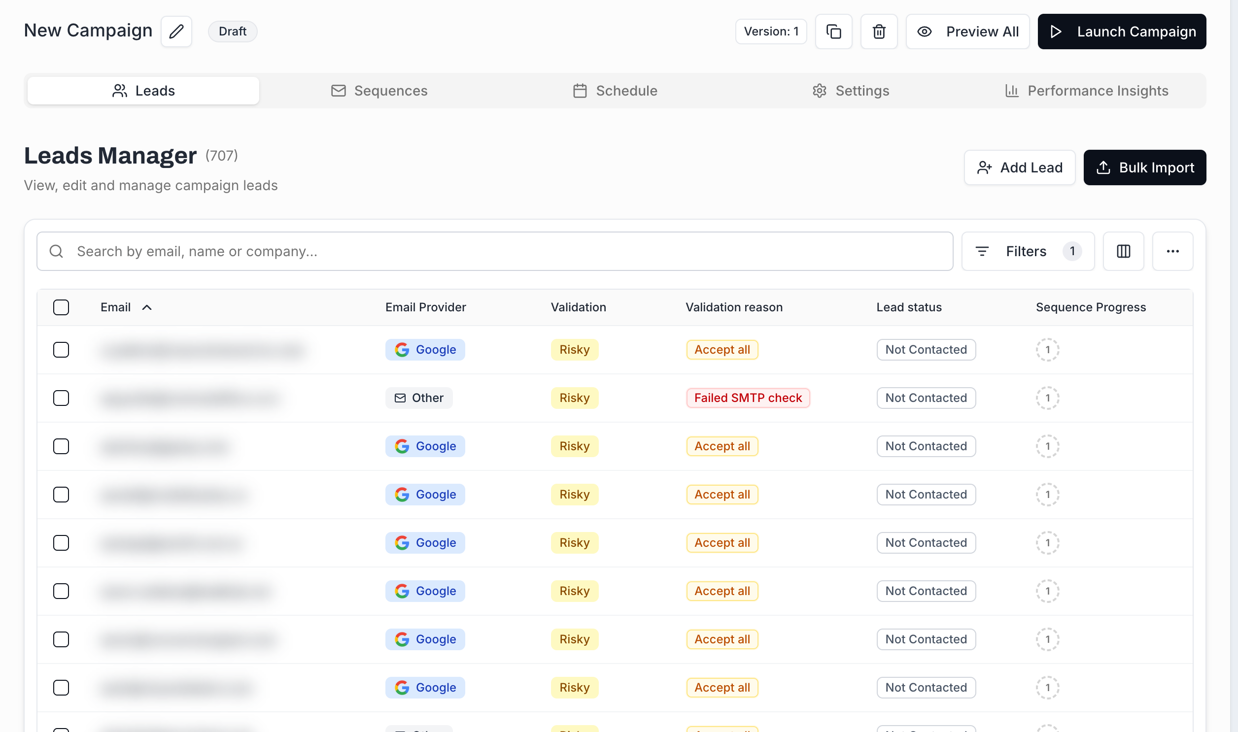 Leads tab filtered by Validation: Risky - rows show orange Risky badges with reasons like Accept all and Failed SMTP check