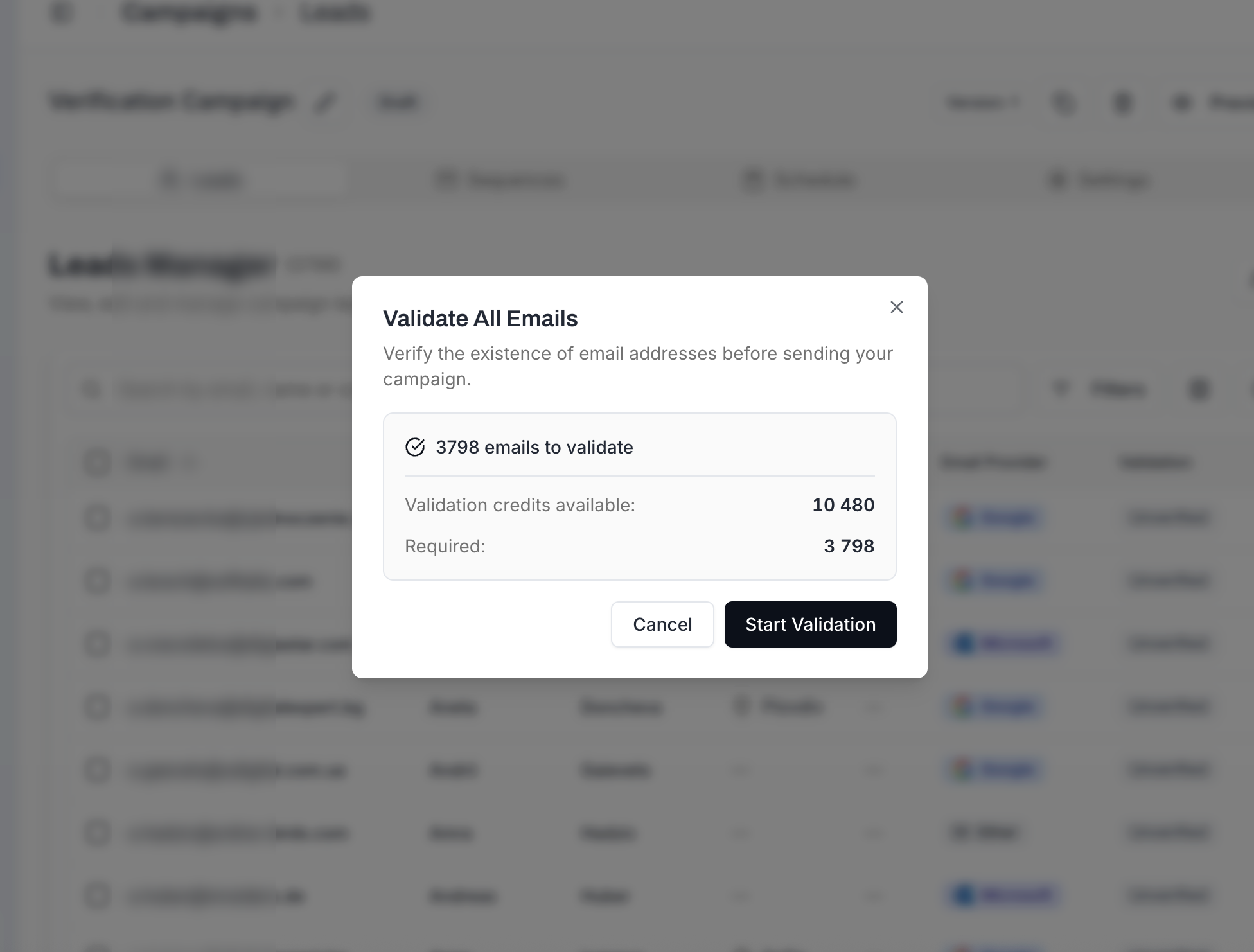 Validate All Emails confirmation dialog showing 3798 emails to validate, available credits, and required credits, with Cancel and Start Validation buttons