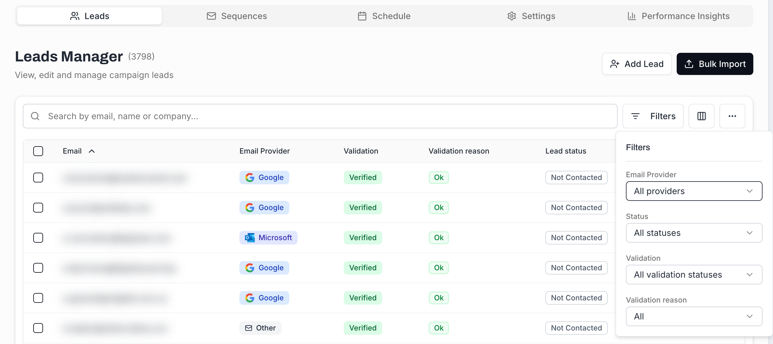 Filters panel opened on the right of the Leads table with Email Provider, Status, Validation and Validation reason dropdowns