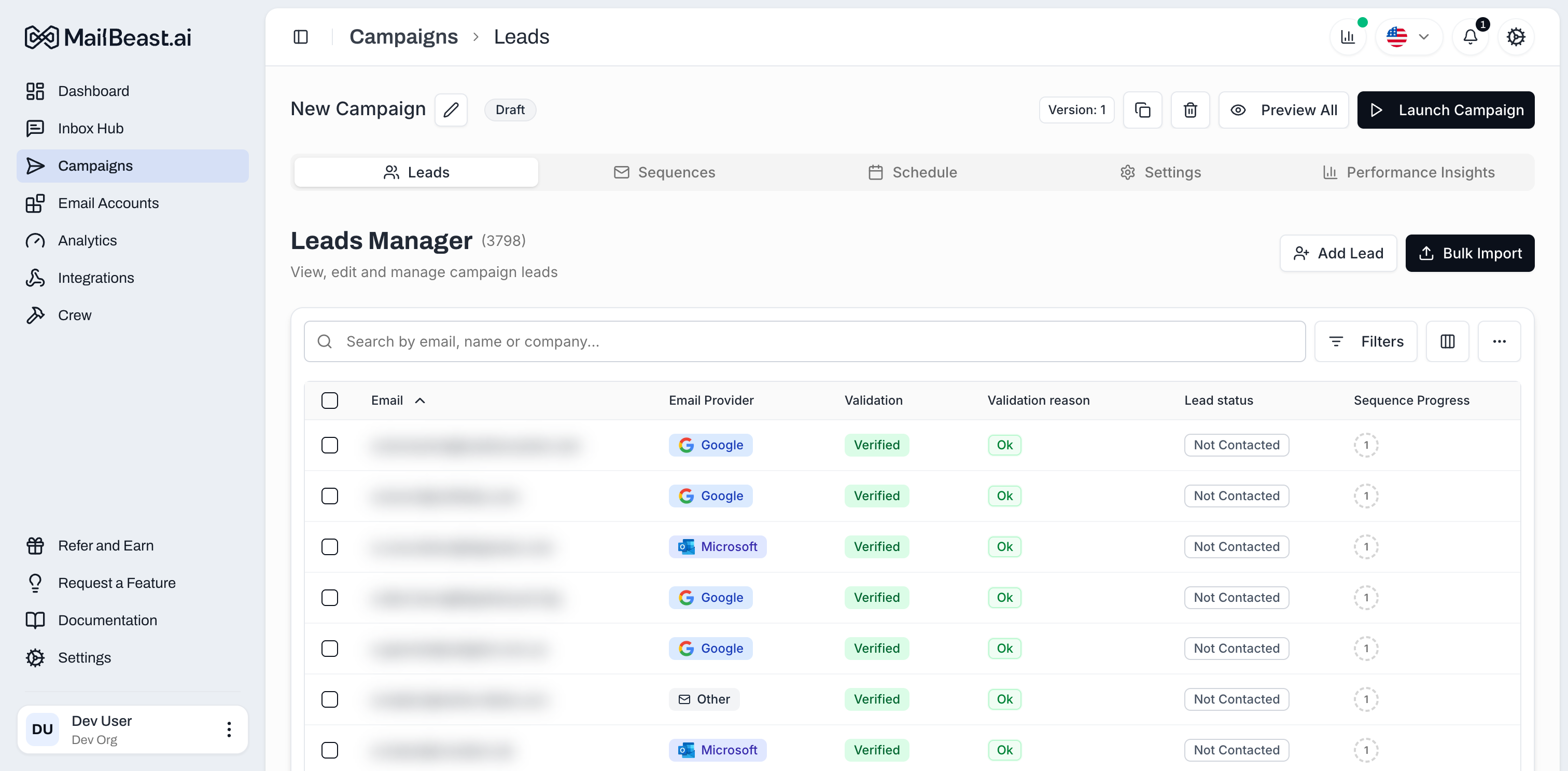Leads tab toolbar with search, Filters button and Bulk Import in the campaign Leads view