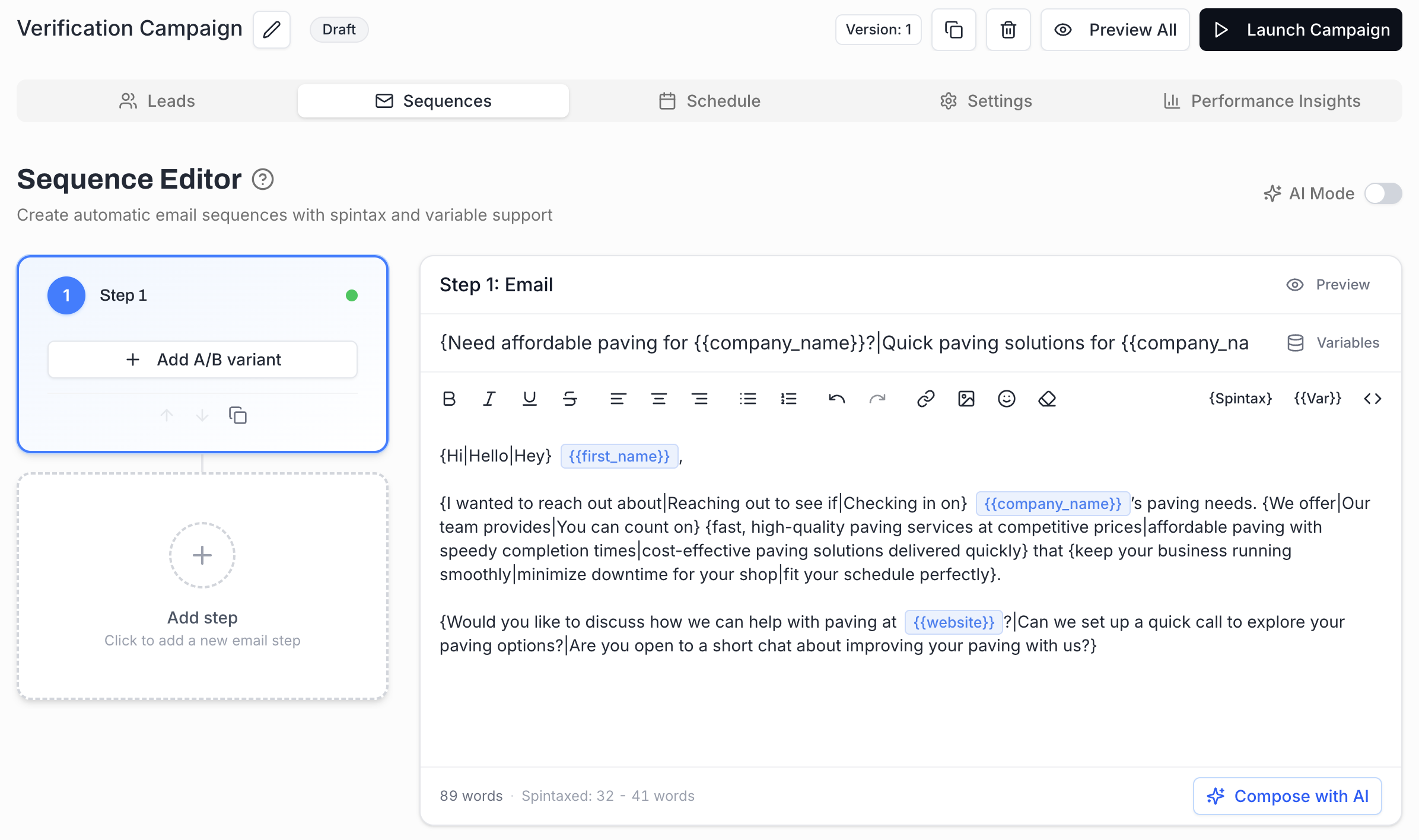 Sequence Editor with Step 1 selected on the left and an empty email composer on the right, including the formatting toolbar, Variables / {Spintax} / {{Var}} buttons, and a Save All control at the bottom