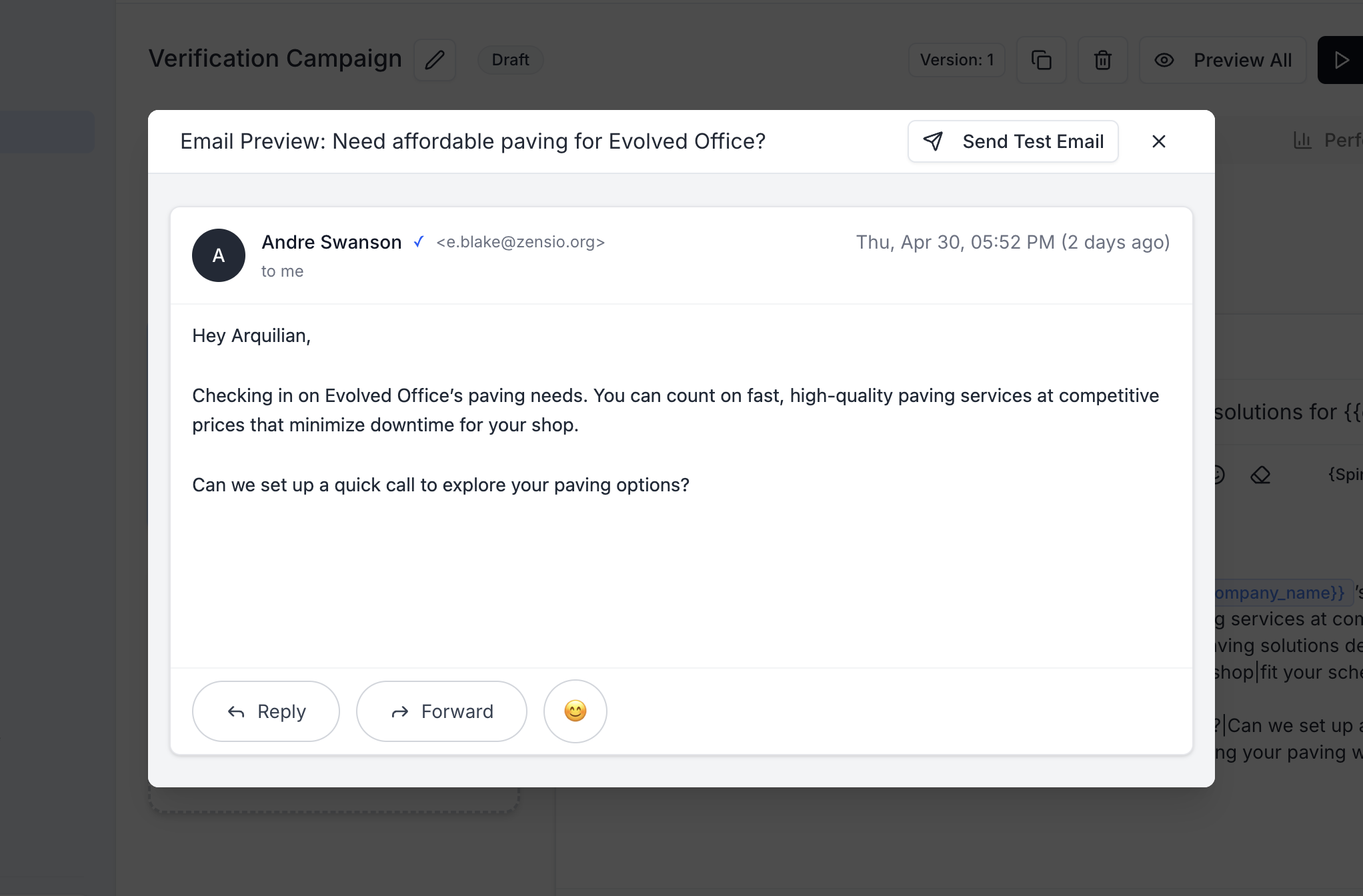 Email Preview dialog rendering the email in a Gmail-style detail view with sender, date, body, and a Send Test Email button