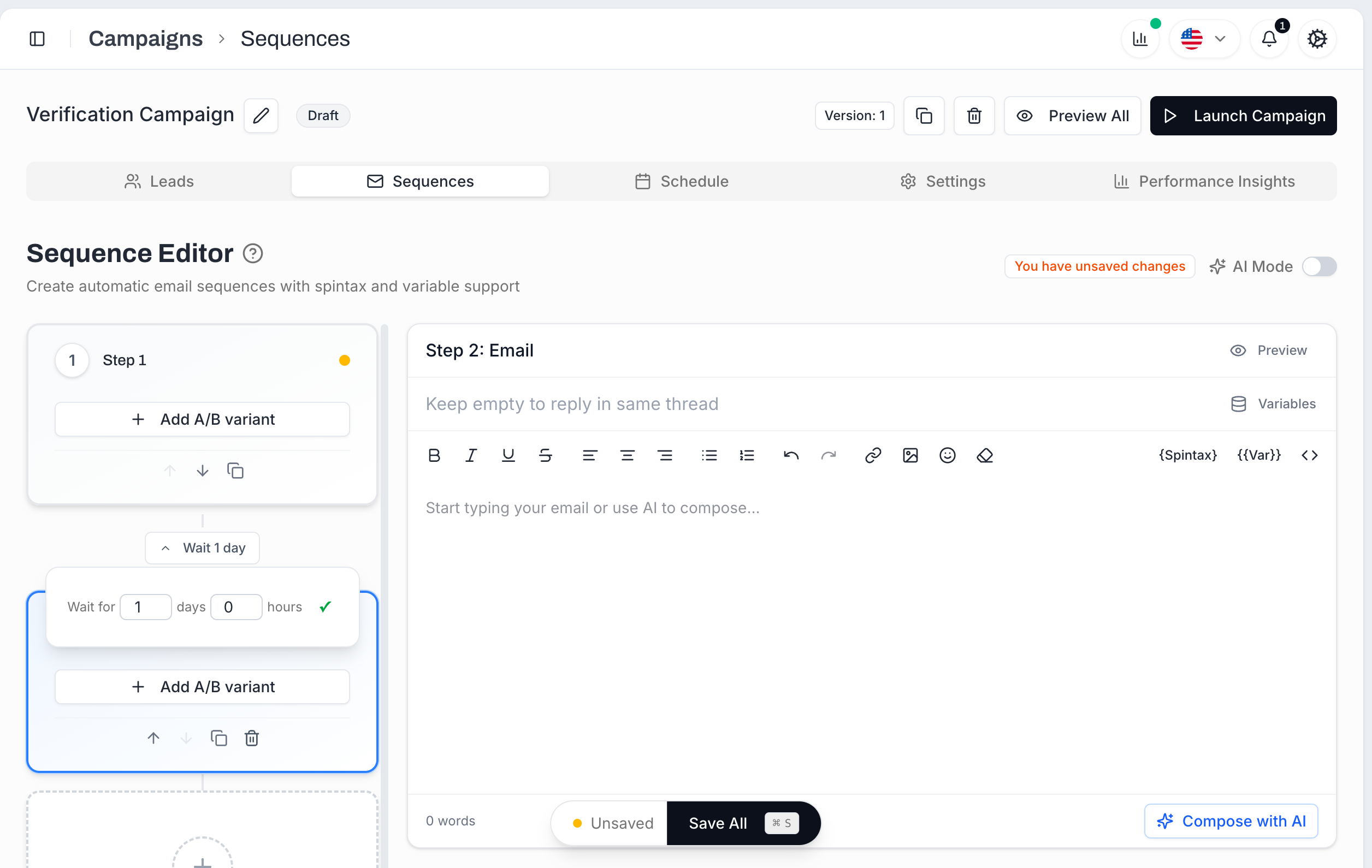 Sequence Editor with Step 1 and Step 2 visible. Between them an inline 'Wait for 1 days 0 hours' editor is open with separate number inputs for days and hours and a green checkmark to confirm