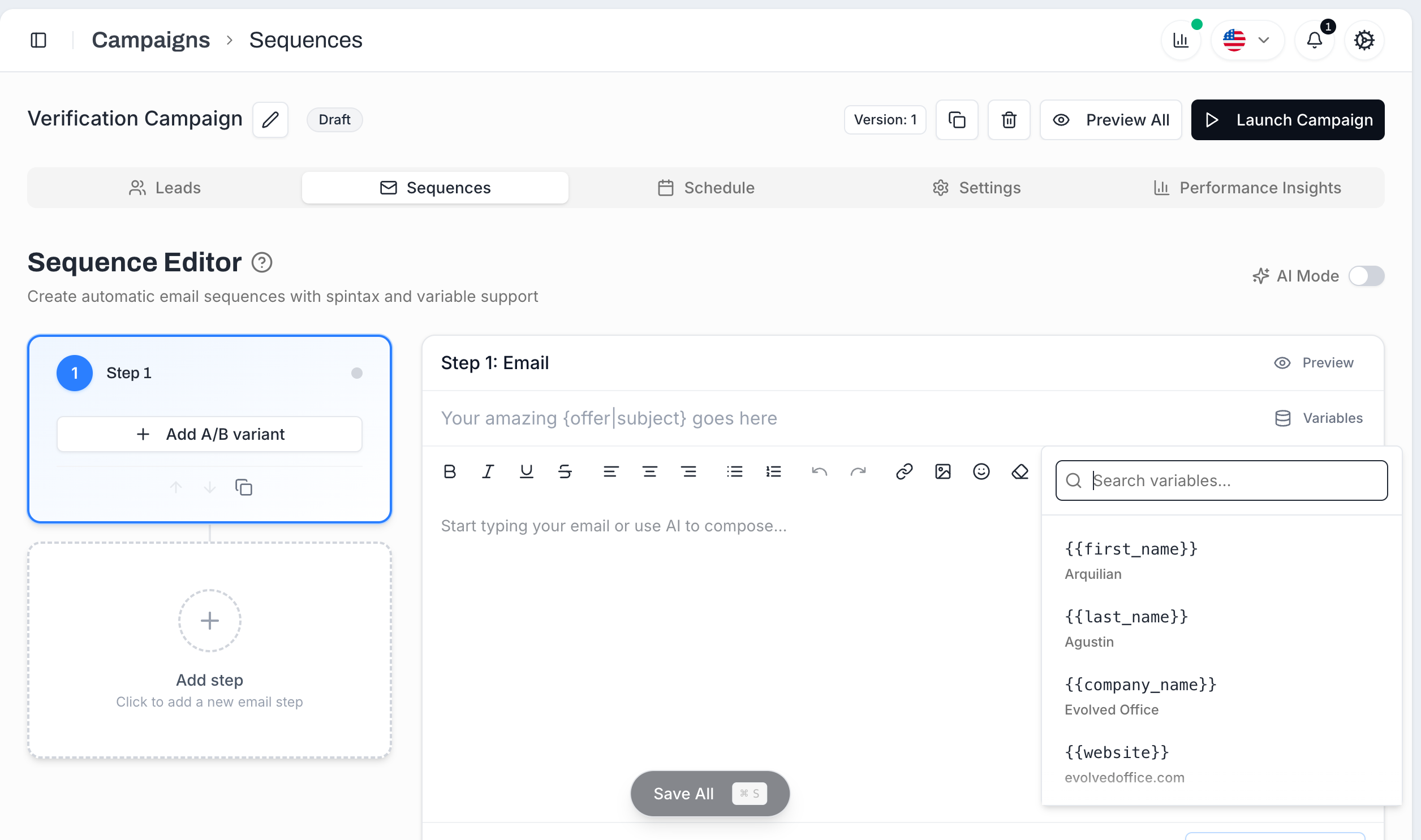Variables popover open in the editor showing first_name, last_name, company_name and website with sample values from a real lead