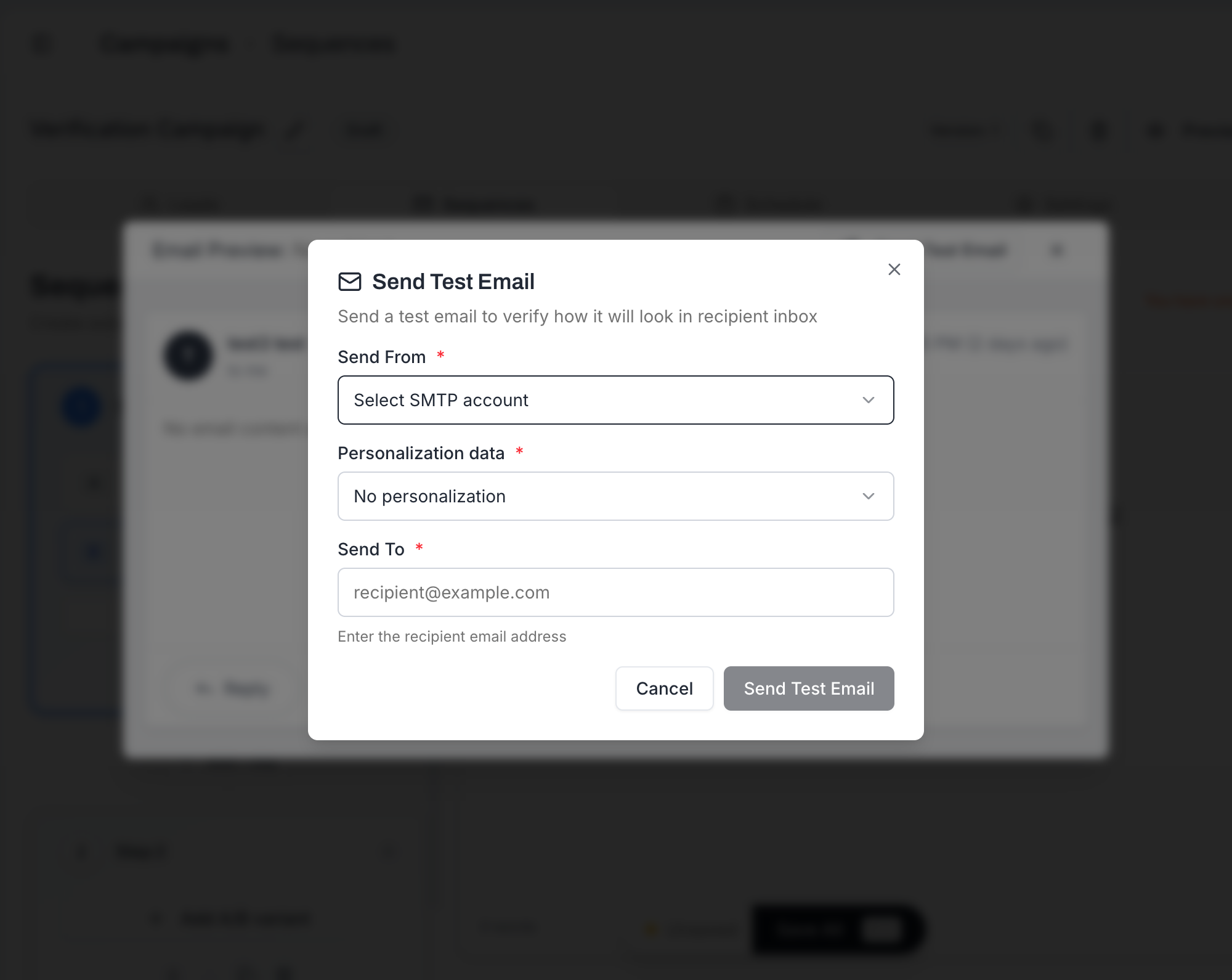Send Test Email dialog with Send From SMTP-account selector, Personalization data dropdown, and a Send To recipient field, plus Cancel and Send Test Email buttons