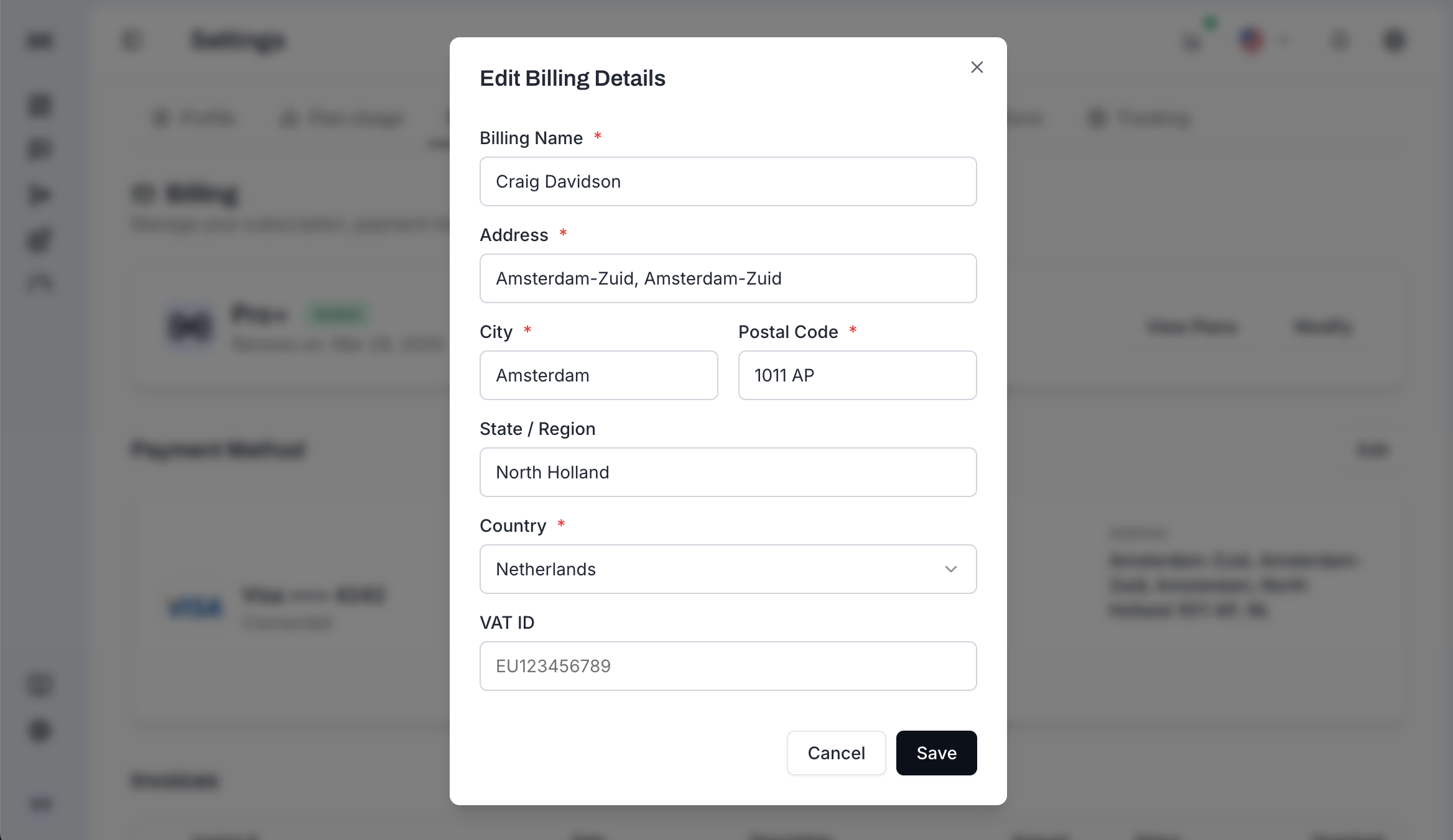 Edit Billing Details dialog with name, address, city, postal code, country, and VAT ID fields
