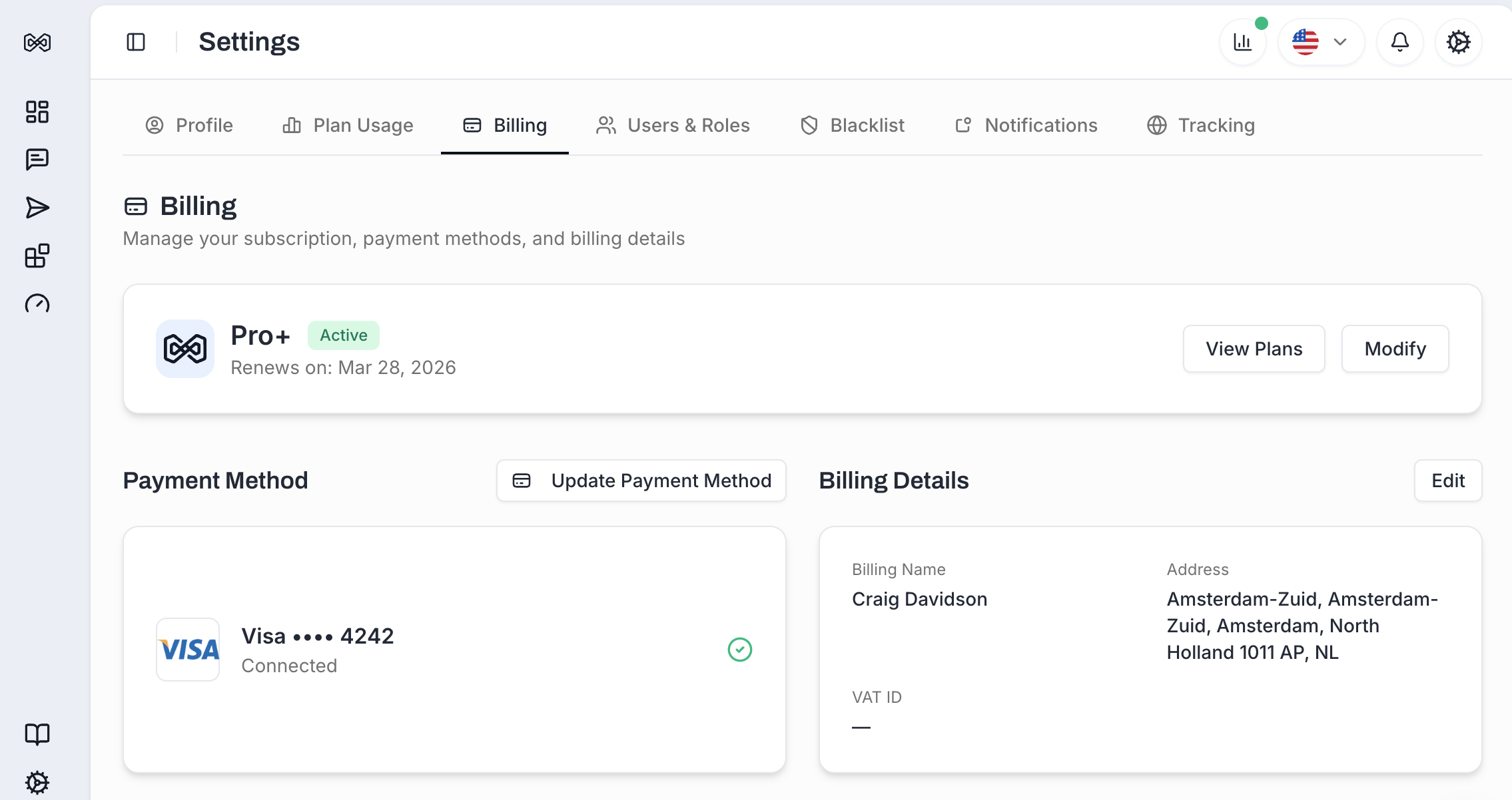 Billing Details and Invoices section on the Billing tab