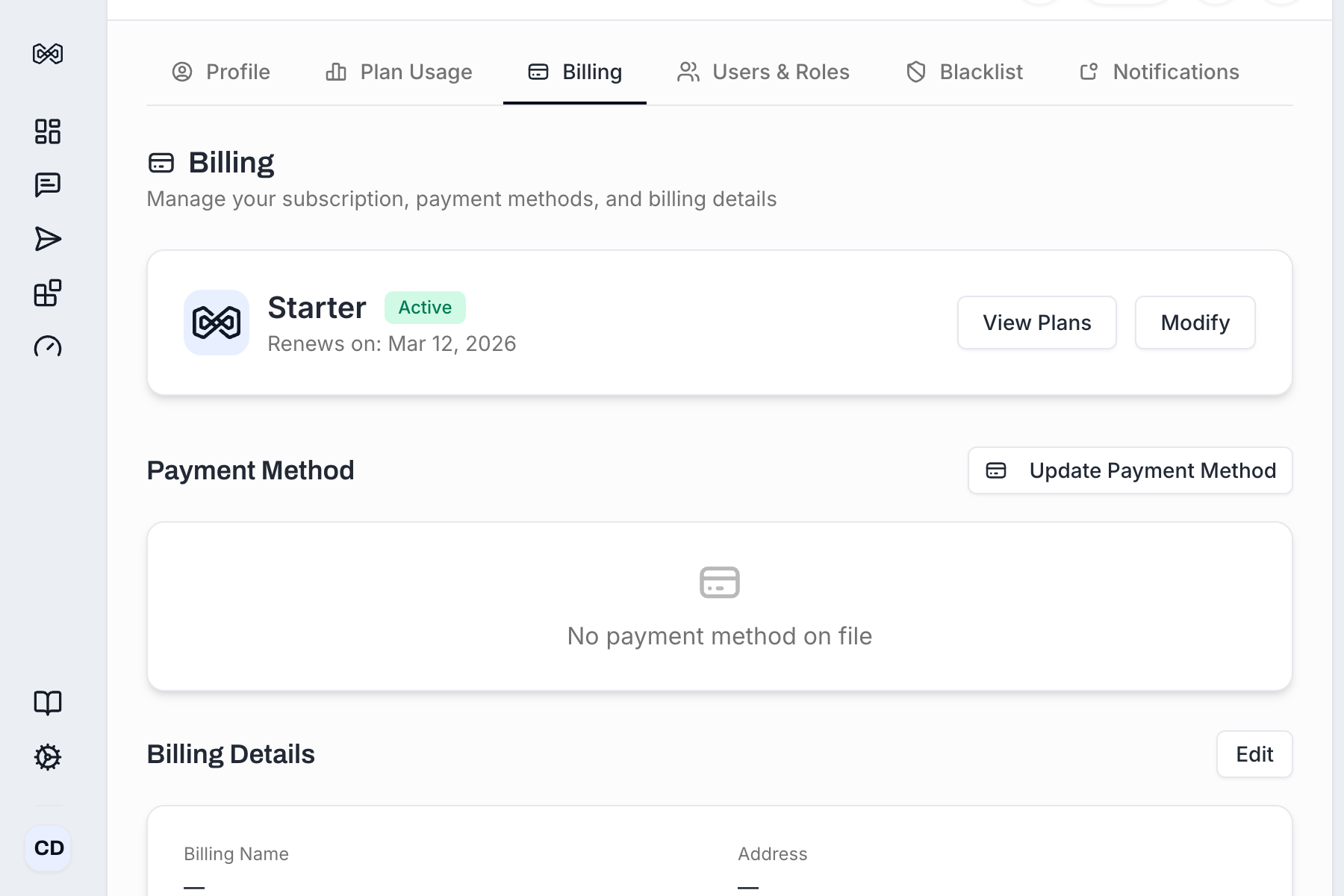 Billing tab showing Payment Method section with Update Payment Method button