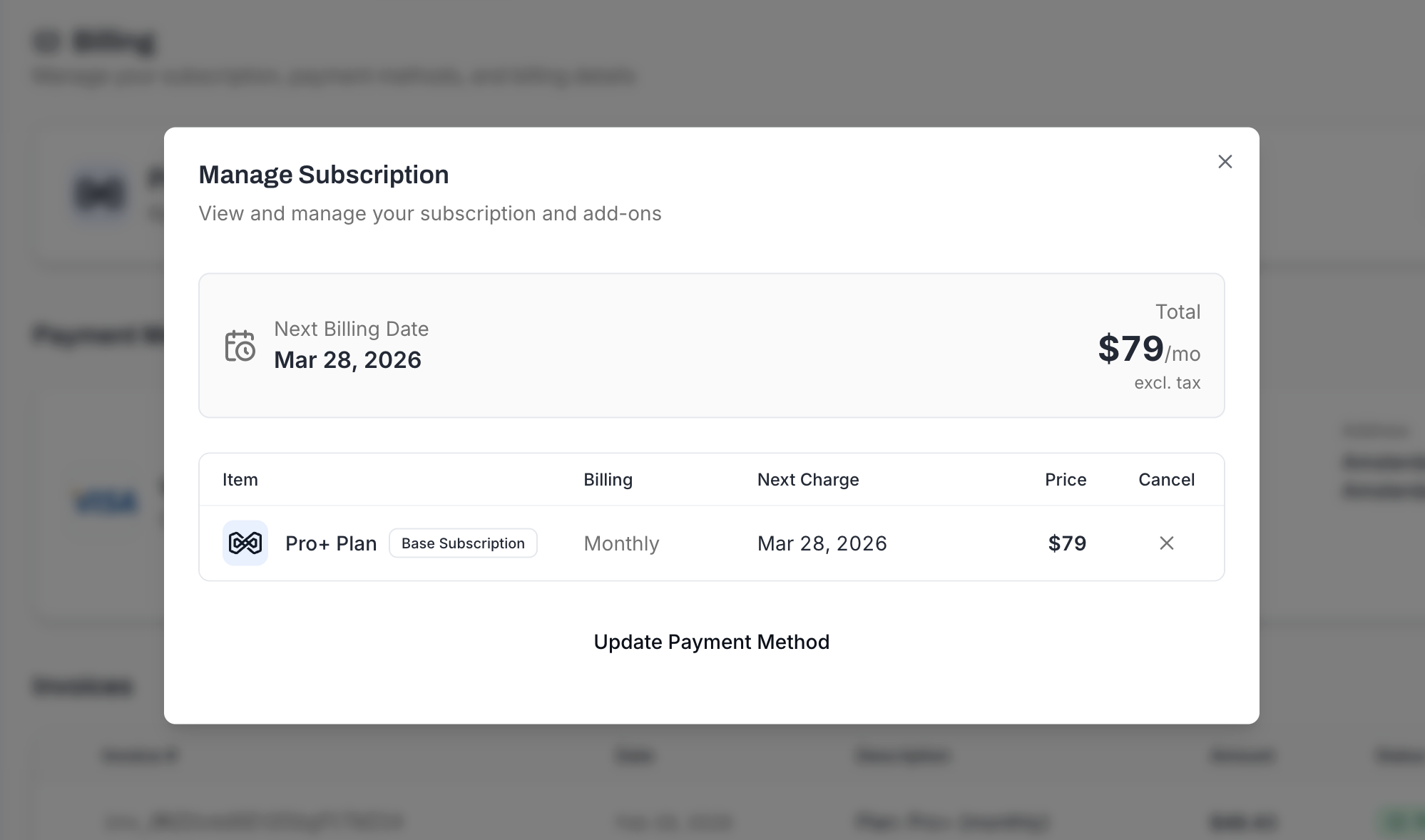 Managing add-ons from the Billing tab