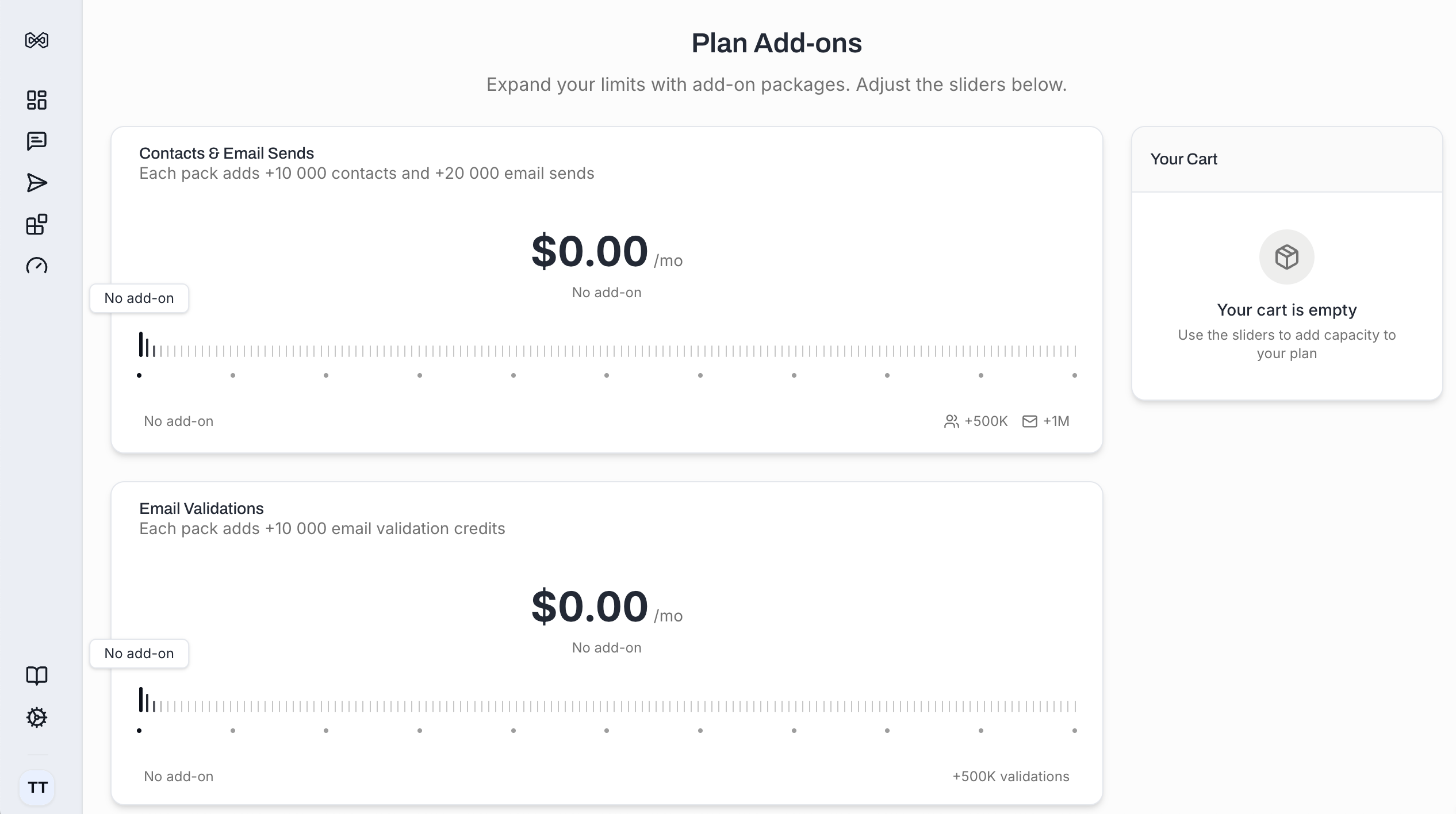 Add-ons section with sliders for Contacts & Emails, Email Validations, and AI Credits