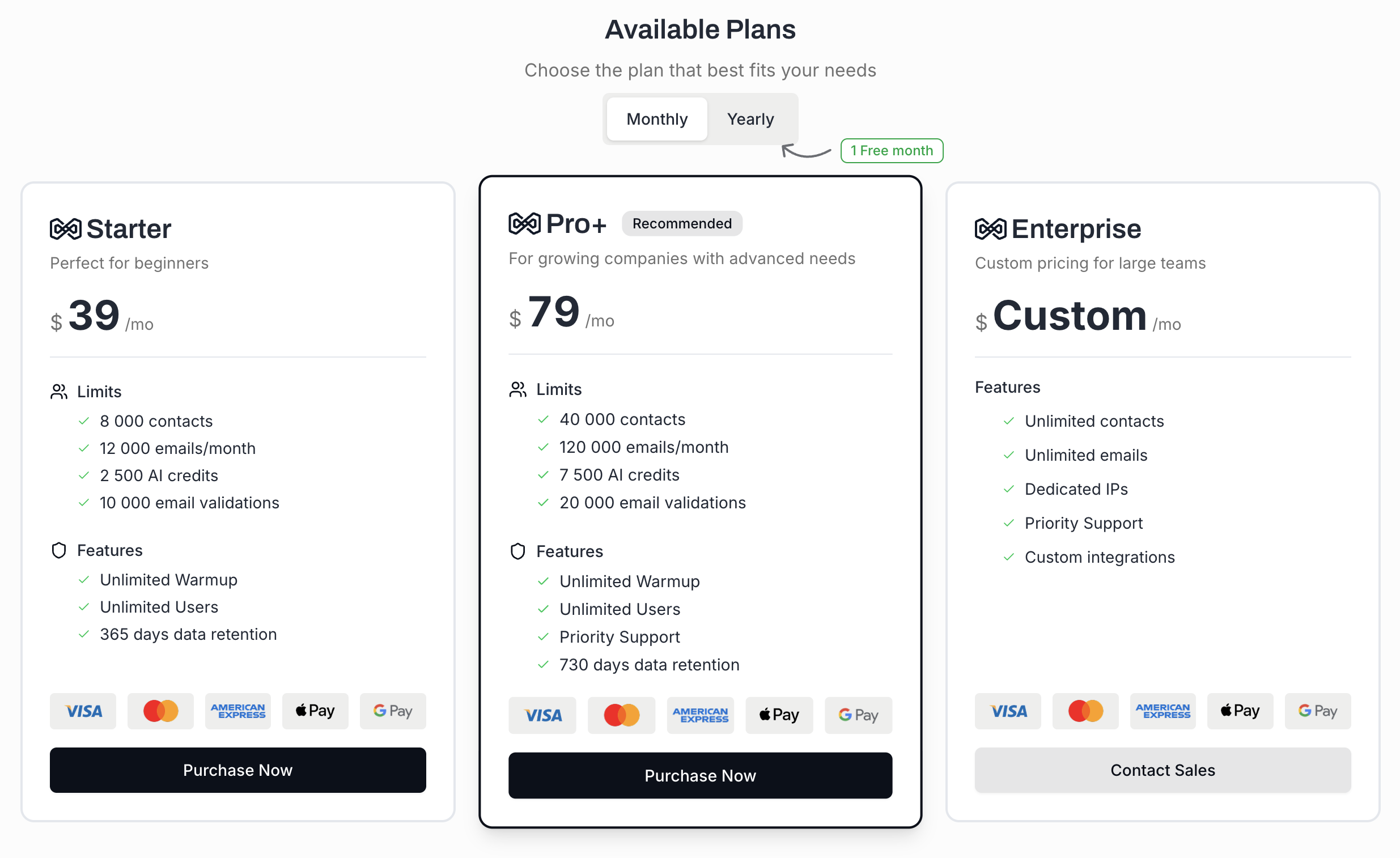 Available Plans section showing Starter, Pro+, and Enterprise side by side