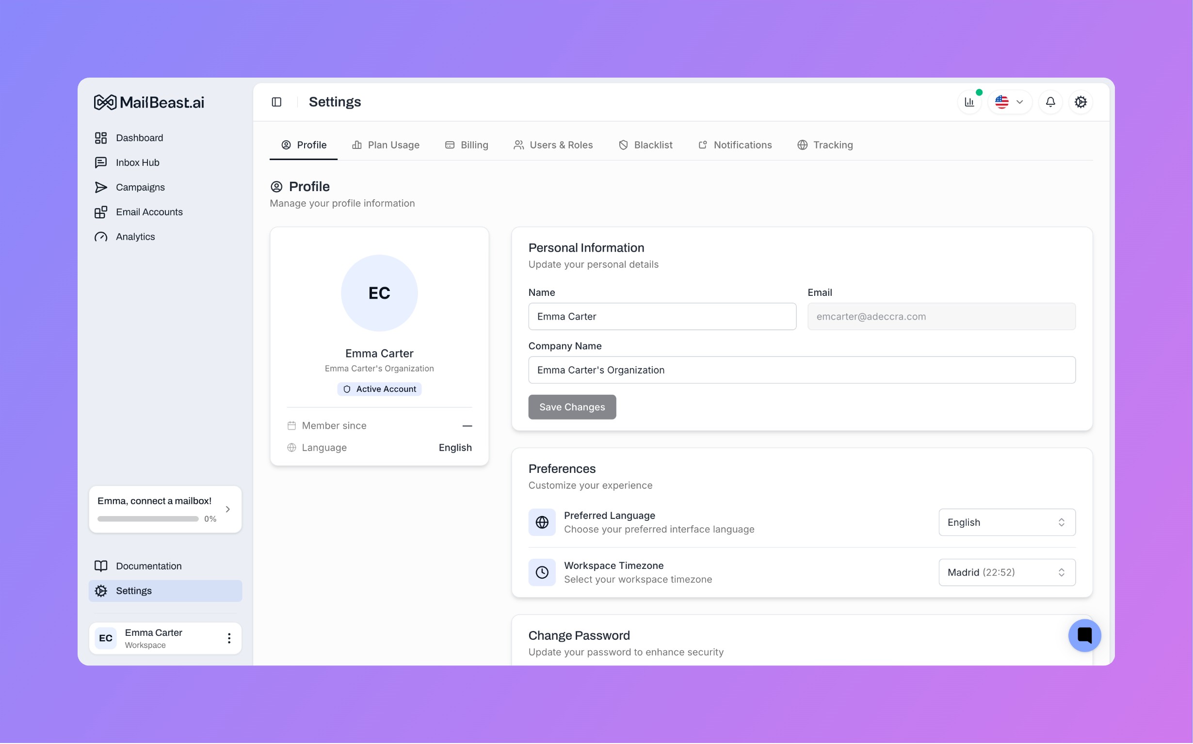 Settings page — Profile tab with navigation tabs and personal information
