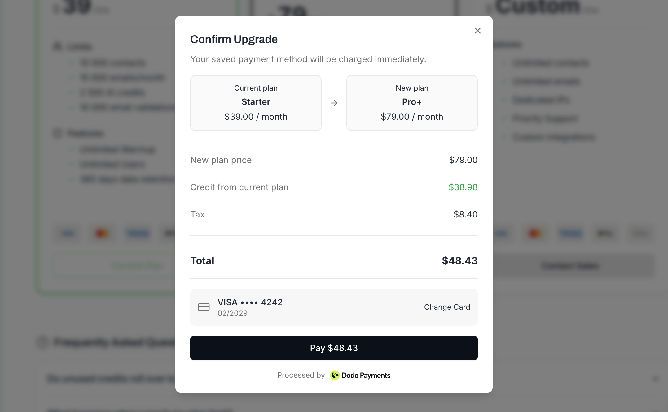 Confirm Upgrade dialog showing current plan, new plan, proration credit, tax, and total
