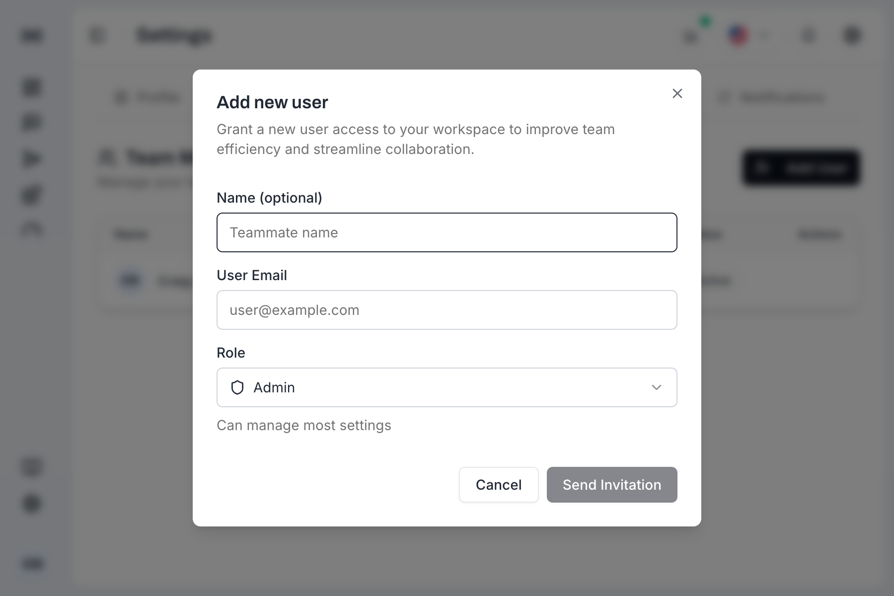 Add new user dialog with Name, Email, and Role fields